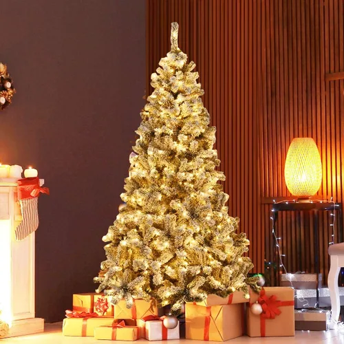 Vista 2 de HAPPYGRILL Árbol de Navidad preiluminado de 6 pies, agujas de PVC de alta calidad, 600 puntas de rama, pino flocado con bisagras de nieve