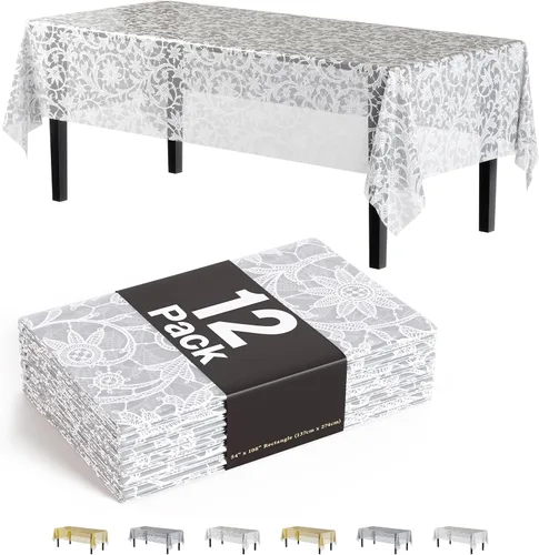 Vista 9 de Exquisite Mantel rectangular de plástico de encaje, paquete de 12 manteles de encaje rectangulares de 54 x 108 pulgadas, mantel floral transparente