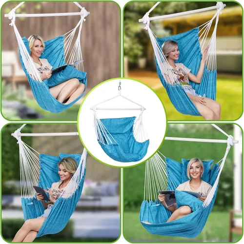 Vista 4 de Backyard Expressions - Silla hamaca colgante de cuerda, 2 almohadas, barra separadora de acero antideslizante