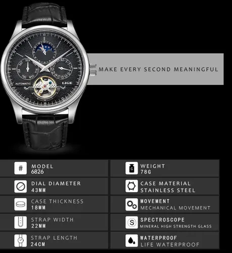 Vista 7 de LIGE Relojes mecánicos de lujo para hombre, reloj de pulsera automático de cuero blanco dorado