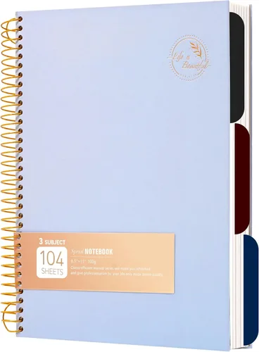 Vista 11 de Cuaderno de espiral grande de 8.5 x 11 con 3 divisiones, cuaderno de espiral de tapa dura para tomar notas, 120 hojas, cuaderno cuadriculado