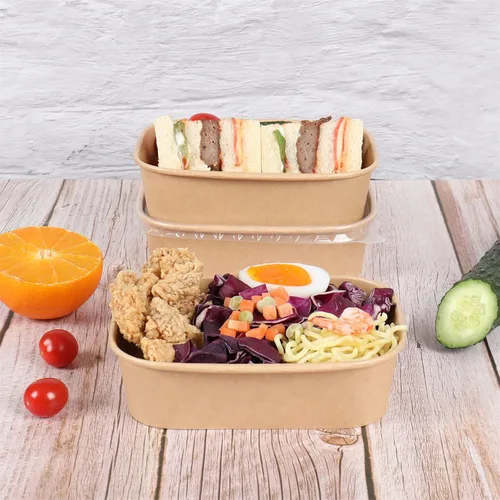 Vista 3 de Cuencos de papel kraft desechables de 17 onzas con tapas, recipientes rectangulares para alimentos, cuencos de sopa, suministros de fiesta, cuencos