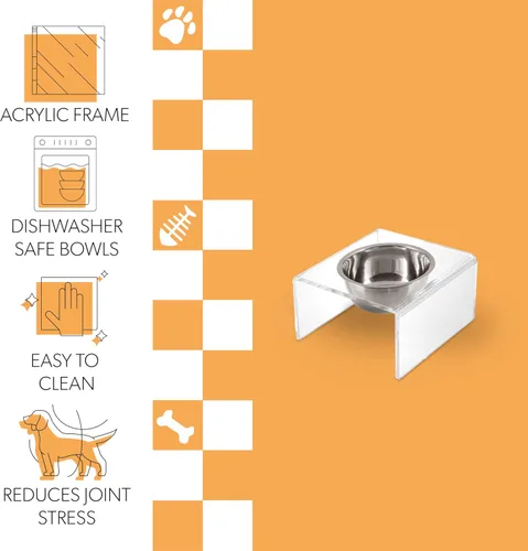 Vista 4 de DBL2002A Keaton 5" Pequeño/Mediano Comedero Elevado Moderno de Acrílico Rectangular para Mascotas con Tazón de Acero Inoxidable de 20oz