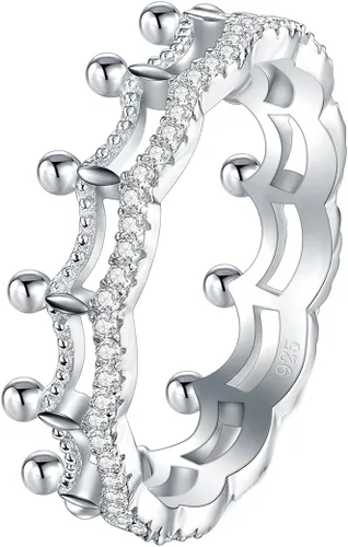 Vista 2 de BORUO Anillo de plata de ley 925, circonita cúbica, corona de princesa, tiara de boda, anillo de eternidad, tamaño 4-12, Plata de ley