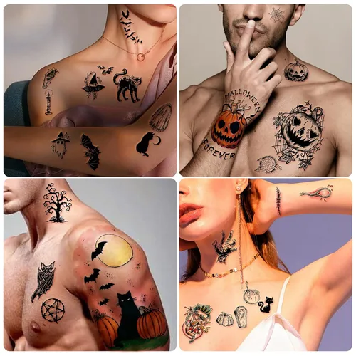 Vista 3 de Yazhiji 40 hojas de tatuajes temporales de Halloween, calabaza, bruja, azúcar, cráneo, tatuajes familiares, para mujeres, hombres, niños y niñas