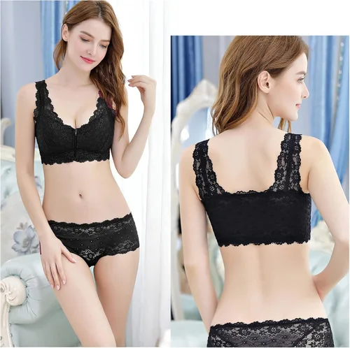 Vista 6 de Sujetador de encaje floral con cuello en V para mujer, bralettes de encaje sin aros con soporte push up y cierre frontal