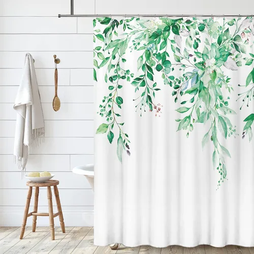 Vista 134 de Tititex - Juego de cortinas de ducha de eucalipto negro, hojas de acuarela gris en la parte superior, con decoración floral de baño, 60 x 72
