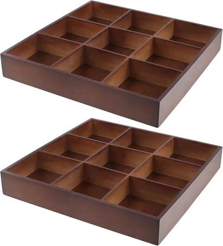 Vista 8 de FUNSUEI Bandeja de madera de 3 compartimentos múltiples, bandeja de madera para servir con 20 secciones, organizador de cajones de madera, caja
