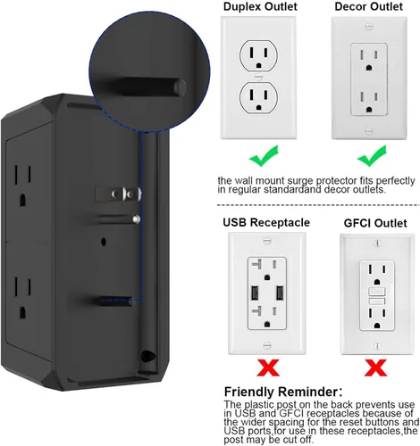 Vista 5 de POWERIVER - Extensor de sobretensiones multitoma de corriente con 5 salidas de CA y 4 puertos USB (2 USB C), 1,680 julios, divisor de salida