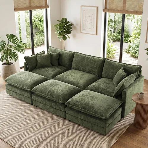 Vista 27 de Sofá individual modular de chenilla con otomana, sofá nube con almohada, color beige