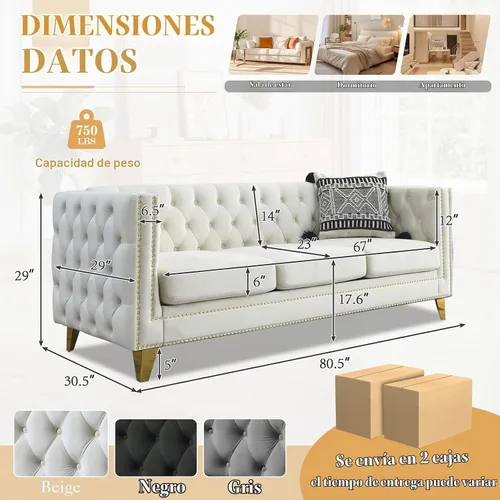 Vista 2 de JEEOHEY - Sofá Chesterfield, sofá moderno de terciopelo de 3 plazas con botón acolchado y ribete de tachuelas, sofá tapizado de asiento profundo