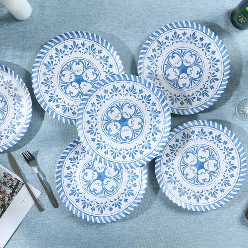 Vista 5 de Juego de platos de melamina Yinshine, juego de platos de cena de 10.75 pulgadas, juego de 6 platos azules con diseño en relieve, irrompibles, uso