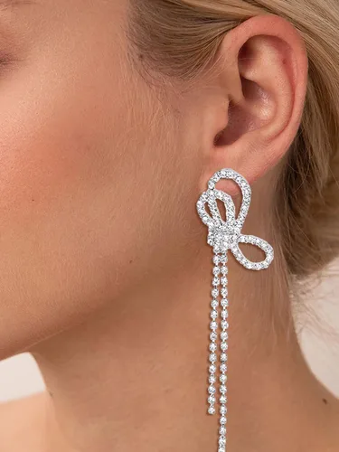 Vista 2 de Aretes de lazo para mujeres, adolescentes y niñas, aretes colgantes de perlas doradas de moda, con lazo, boda, fiesta, accesorio de joyería diaria