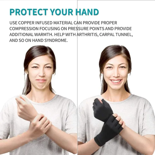 Vista 5 de Guantes de cobre para artritis para mujeres y hombres, sin dedos, transpirables y absorben la humedad, guantes de compresión para escribir