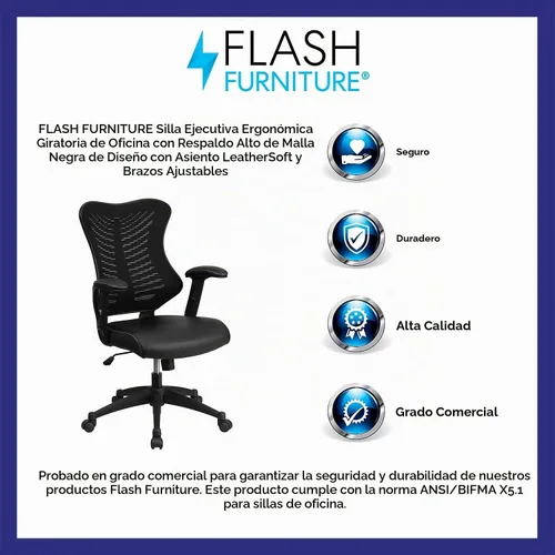 Vista 4 de Flash Furniture Kale Silla de oficina ergonómica giratoria ejecutiva de malla negra con asiento LeatherSoft y brazos ajustables Cuero negro