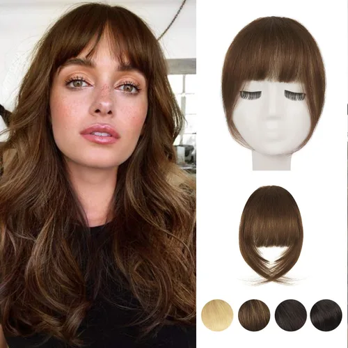 Vista 27 de BARSDAR Flequillo postizo de pelo humano real - Flequillo postizo 100% pelo humano para mujeres - Extensiones de flequillo ondulado castaño rojizo
