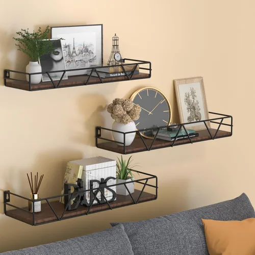 Vista 2 de Amaoot Juego de 3 estantes flotantes, estante de pared de madera para el hogar, estante de granja para dormitorio, estante flotante montado