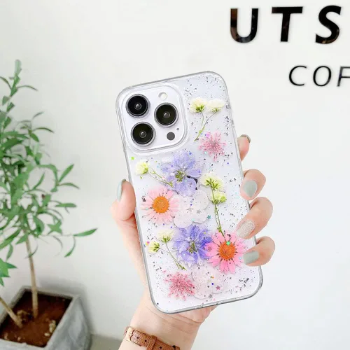 Vista 3 de Abbery Funda diseñada para iPhone 13 Pro con diseño de flores prensadas con purpurina y diseño de goma de silicona suave, diseño de flores reales