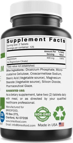 Vista 2 de Brieofood Citrato de Magnesio 400 mg (Mg Elemental) por porción - 250 Tabletas - Relajación muscular (Citrato de Magnesio)
