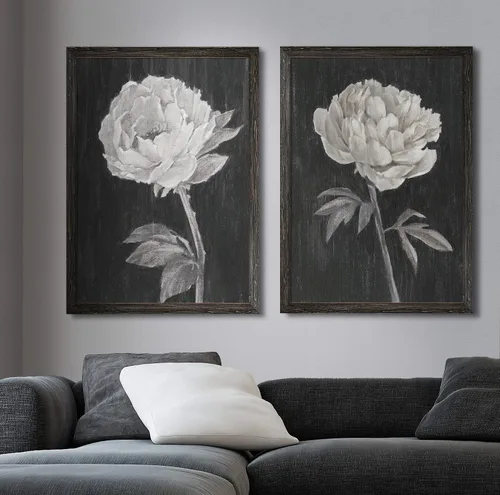 Vista 3 de Renditions Gallery- Lienzo enmarcado con flores blancas y negras Flores blancas y negras 1 juego/marco negro