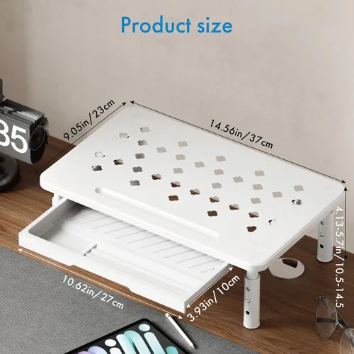 Vista 7 de Elevador de monitor con cajón, altura ajustable (4.1-5.7 in), 3 engranajes, organizador de escritorio de acero al carbono para computadora/portátil