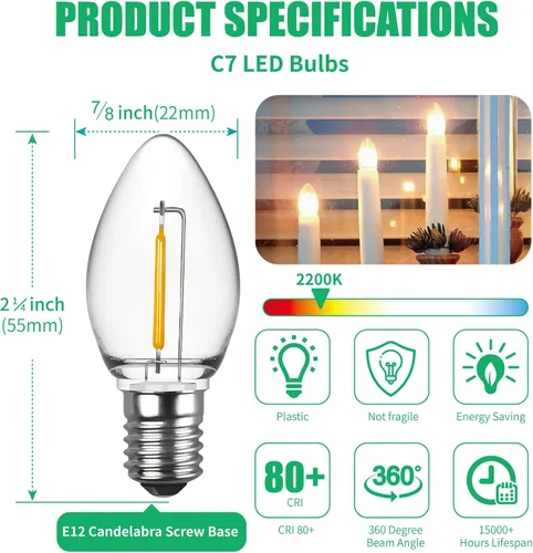 Vista 2 de Meconard Bombillas LED C7 para luz nocturna, bombillas LED de reemplazo irrompibles para velas de ventana y candelabros, base de candelabro E12, 0.6