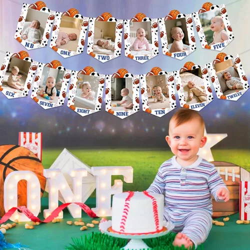 Vista 7 de Sursurprise Decoraciones deportivas de primer cumpleaños, pancarta mensual de fotos para niños, suministros de fiesta de primer cumpleaños