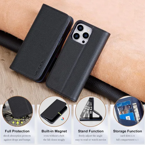 Vista 7 de VISOUL Pebbled - Funda de piel auténtica para iPhone 15 Pro Max con tarjetero y función atril magnético para iPhone 15 Pro Max (6.7 pulgadas)