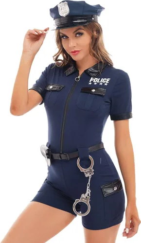 Vista 3 de Sywiyi Uniforme de policía para mujer, disfraz sexy de policía, disfraz de Halloween con cinturón de sombrero