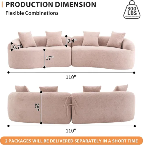 Vista 2 de Sofá modular curvado de 110 pulgadas para sala de estar, moderno sofá modular de felpa de felpa de gran tamaño con asiento profundo comprimido sin