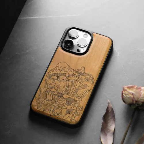 Vista 4 de Carveit Funda magnética de madera para iPhone 13 Pro Max [madera natural y TPU suave negro] Funda protectora de madera única y elegante a prueba