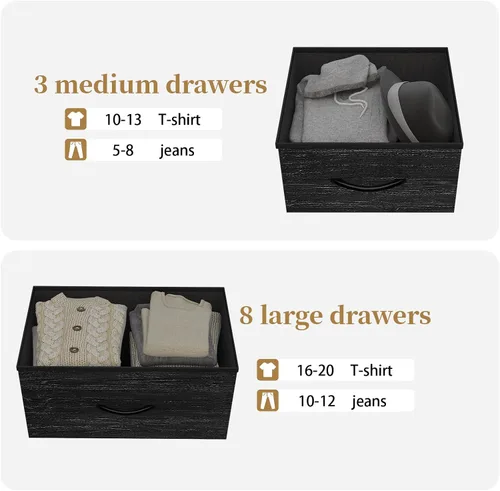 Vista 25 de Cómoda de almacenamiento de tela con 11 cajones para organización del dormitorio, cómoda con estantes profundos, bolsillos laterales y ganchos, Negro