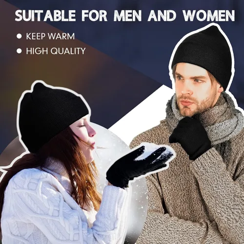 Vista 7 de Juego de 12 gorros y guantes de invierno para hombres y mujeres, gorro de punto cálido, 6 pares, guantes de invierno unisex, 6 sombreros cálidos