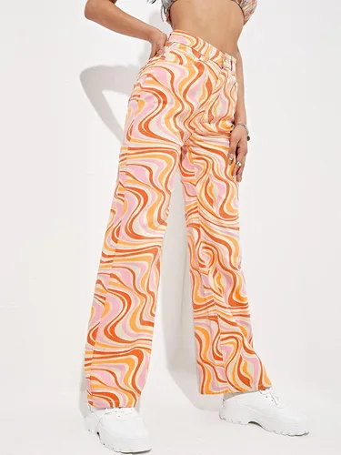 Vista 4 de WDIRARA - Pantalones de mezclilla holgados de tiro alto, con estampado, de pierna ancha, para mujer