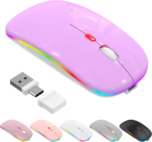 Vista 10 de Mouse inalámbrico Bluetooth para MacBook Air Mac Pro iPad, mouse silencioso recargable LED con receptor USB-A/USB-C de 2.4 GHz y mouse jiggler, Negro
