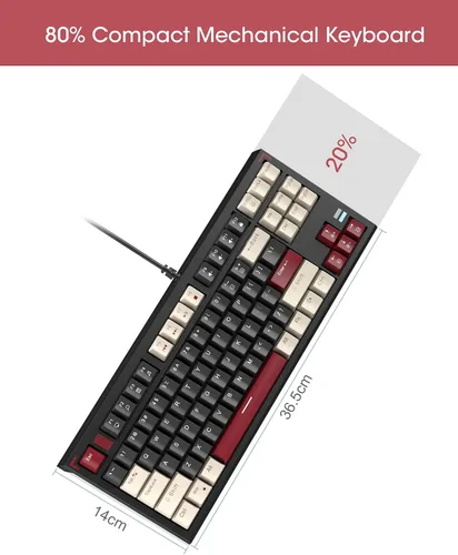Vista 7 de Teclado mecánico compacto 80% para juegos, teclado tkl con cable con interruptores amarillos, teclado ergonómico de estilo retro