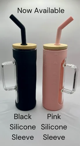 Vista 5 de Vaso de vidrio de 20 onzas con asa, taza de batido de café Boba con tapa de bambú, funda protectora de silicona, sin BPA (negro)