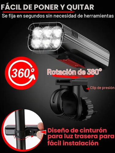 Vista 4 de Luces de bicicleta de alto lúmenes delanteras y traseras para conducción nocturna, 10,000 mAh USB recargable 6 luces LED para bicicleta, 5+5 modos