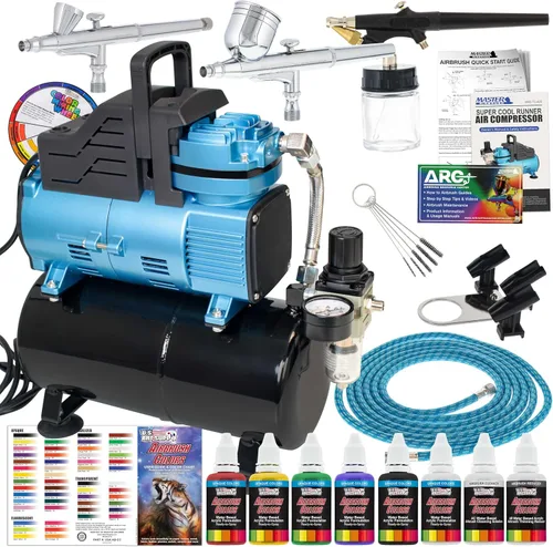 Vista 9 de Equipo profesional de 3 sistemas de aerógrafo con compresor y kit de pinturas de 6 colores primarios, de Master Airbrush