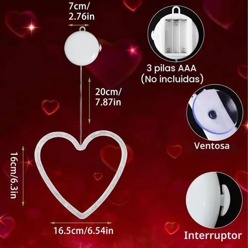 Vista 7 de 3 luces de ventana para el día de San Valentín, decoración de ventana con forma de corazón rojo, funciona con pilas, luces románticas colgantes