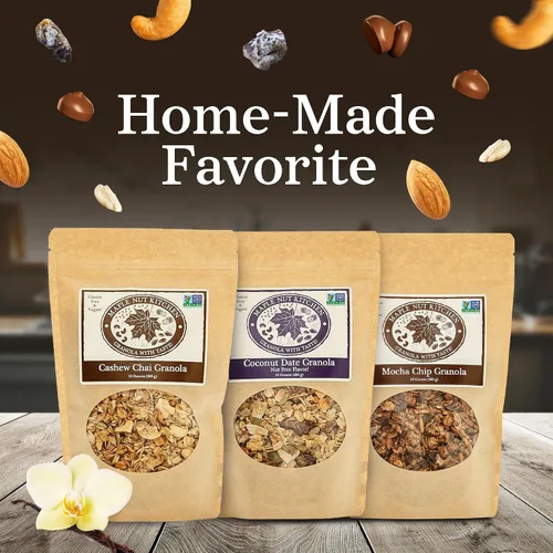 Vista 2 de Maple Nut Kitchen Paquete variado artesanal de granola Bites - Chai de anacardo, chips de moca y dátiles de coco 10 onzas cada uno Sin gluten