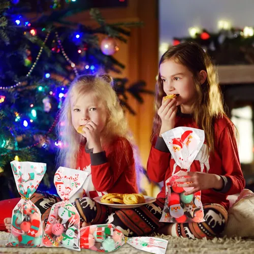 Vista 6 de KIMOBER 144 bolsas de dulces de celofán de Navidad, bolsas de golosinas de celofán con lazos giratorios para suministros de fiesta de Navidad