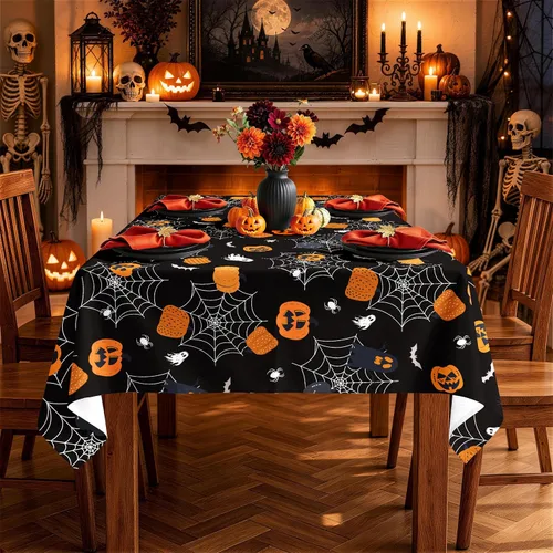Vista 4 de Mantel rectangular de Halloween, color negro, 60 x 84 pulgadas Halloween 01
