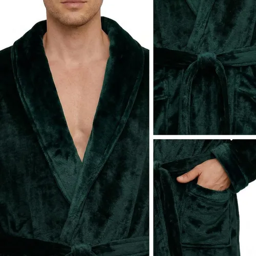 Vista 3 de U2SKIIN Albornoz de forro polar para hombre con cuello de felpa A-verde oscuro