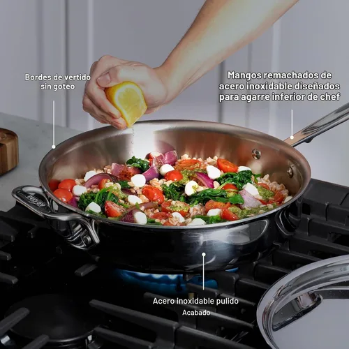 Vista 4 de All-Clad D3 Sartén Salteadora de Acero Inoxidable de 3 Capas con Tapa y Mango 3 Cuartos, Inducción, Apto para Horno y Parrilla 600F