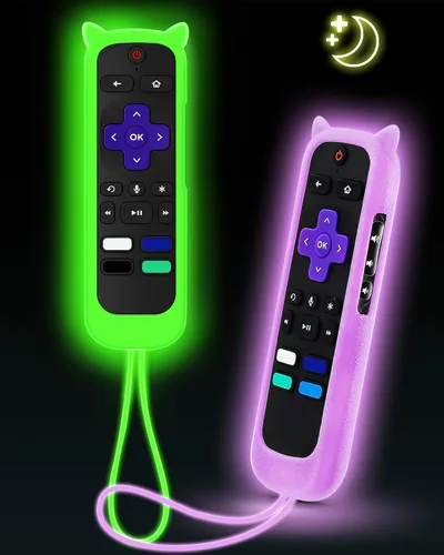 Vista 13 de ONEBOM - Juego de 2 fundas para control remoto Roku con diseño de orejas de Azul resplandor y rosa brillante