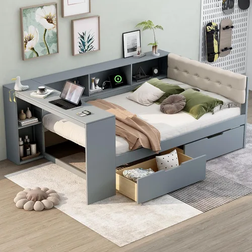 Vista 11 de VilroCaz Cama de sofá de tamaño individual de madera con estantes de almacenamiento y escritorio de estudio, estructura de cama de día Blanco