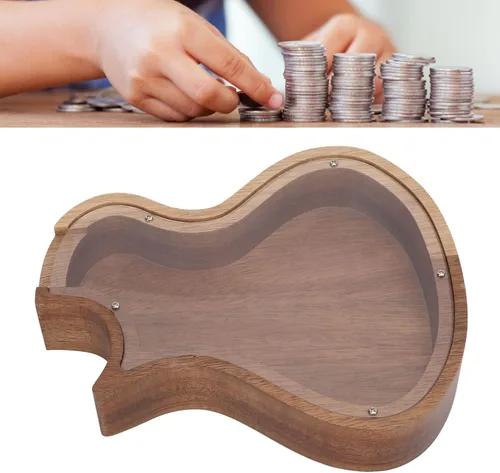 Vista 8 de Alcancía con forma de guitarra, madera maciza para decoración del hogar, vista clara, ideal para guardar regalos para el hogar