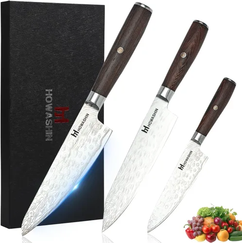 Vista 9 de Juego de cuchillos de cocina de acero inoxidable alemán, 3 piezas, cuchillo de chef de alto carbono, mango ergonómico de madera