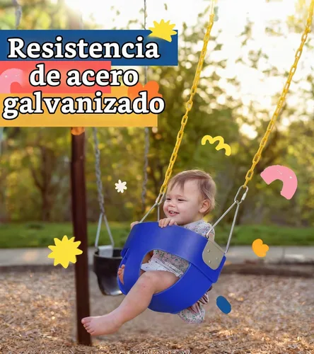 Vista 4 de Columpio de respaldo alto con cadenas recubiertas y protección triangular para mayor seguridad, columpio para bebé al aire libre con hebillas de Azul